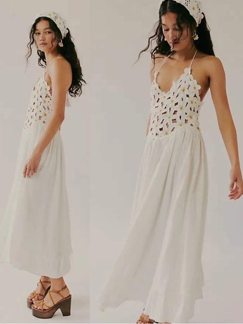 Free People Bohemian Floral Crochet Bali Spring Fling Halter Maxi Dress Medium